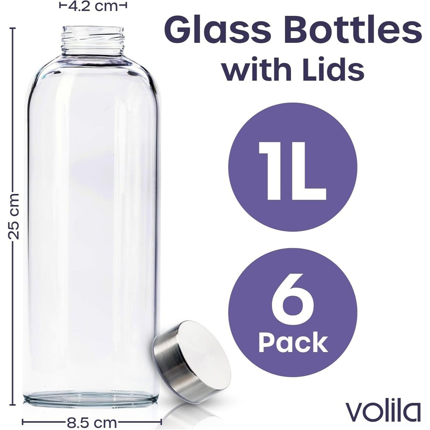 Glass Bottles with Lids - 6 Pack 1000ml Leakproof, Reusable Glass Drinking Bottle for Water, Juice, Milk and Smoothie - with Airtight Metal Lids, Cleaning Brush and White Labels
