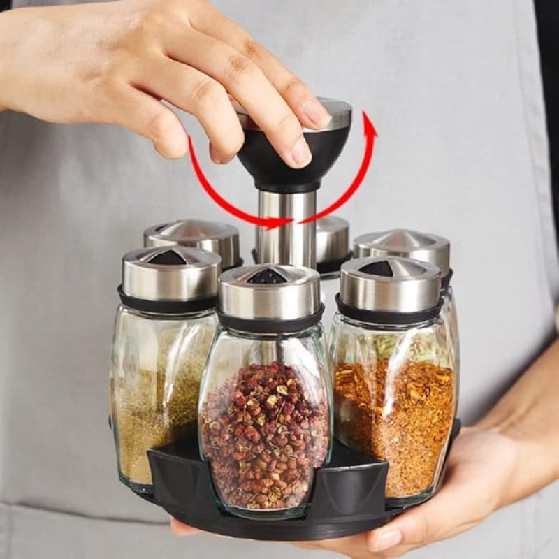 6-Jar Revolving Spice Rack Organizer Holder, Kitchen Countertop Seasoning Stand, Rotating Spice Rack with Stainless Steel Lid, Rotating Seasoning Organizer, Black