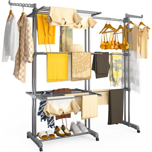 4 Tier Large Clothes Airer with Wings, Retractable Folding Drying Rack with Wheels for Indoor & Outdoor Use, 190 × 64 × 170 cm, Grey