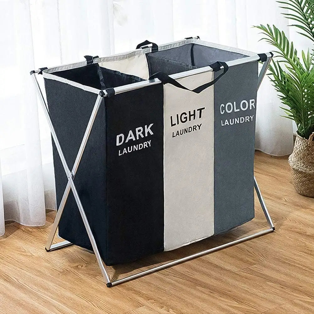 Laundry Basket 3 Compartments Large Foldable Bins Collapsible Hamper Aluminum Bracket and Carry Handles for Bedroom Bathroom