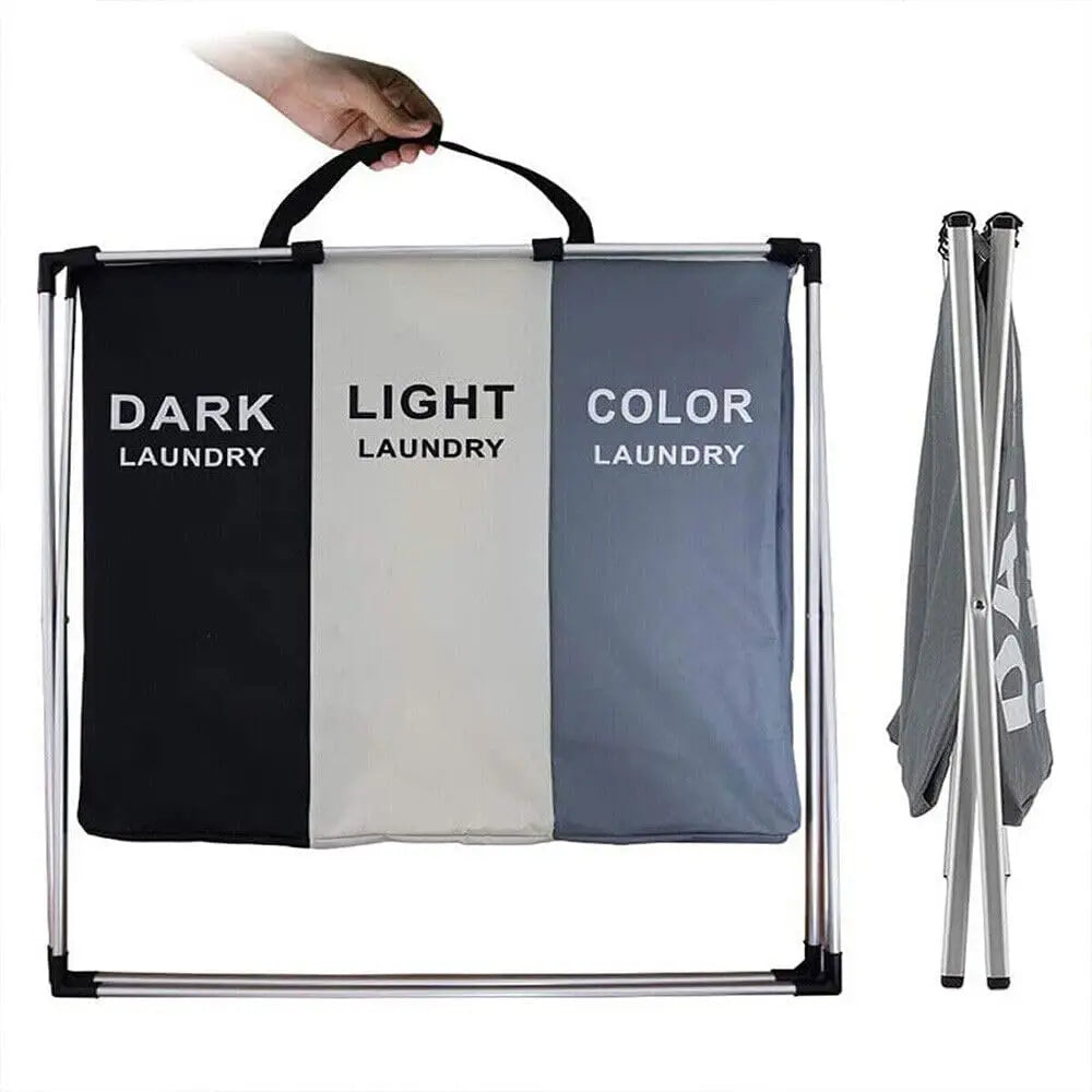 Laundry Basket 3 Compartments Large Foldable Bins Collapsible Hamper Aluminum Bracket and Carry Handles for Bedroom Bathroom