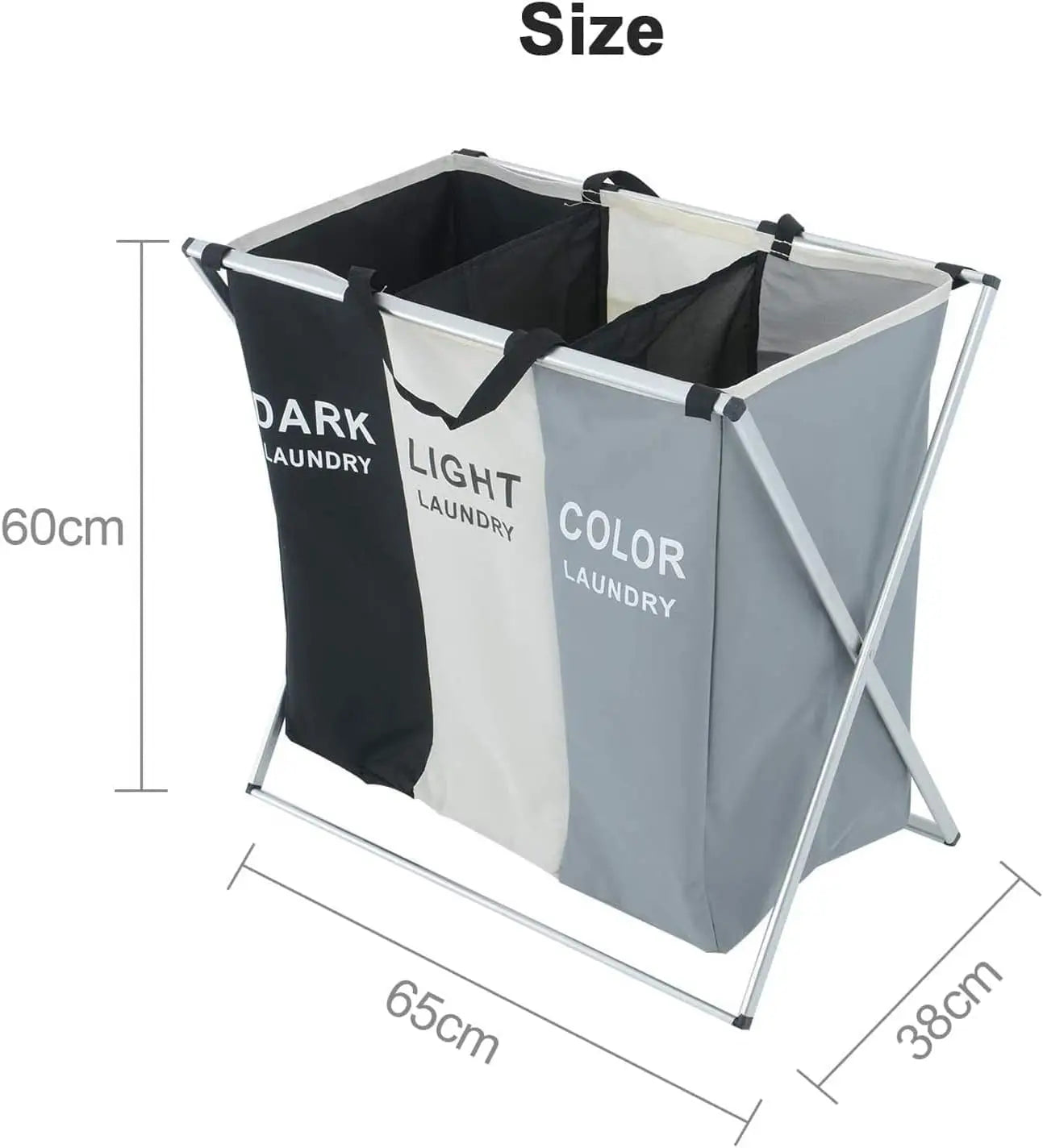 Laundry Basket 3 Compartments Large Foldable Bins Collapsible Hamper Aluminum Bracket and Carry Handles for Bedroom Bathroom