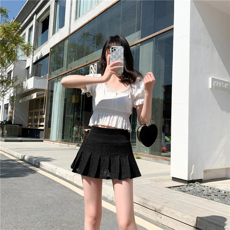 A Line Mini Skirt New Ultra-short Mini Pants Elastic Waist Joker Lace Pleated  Sexy  Fashion Black White Skirt