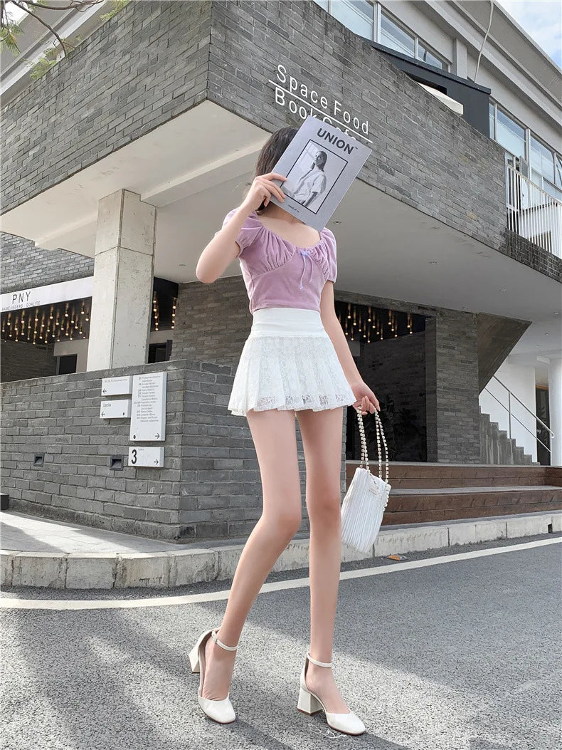 A Line Mini Skirt New Ultra-short Mini Pants Elastic Waist Joker Lace Pleated  Sexy  Fashion Black White Skirt