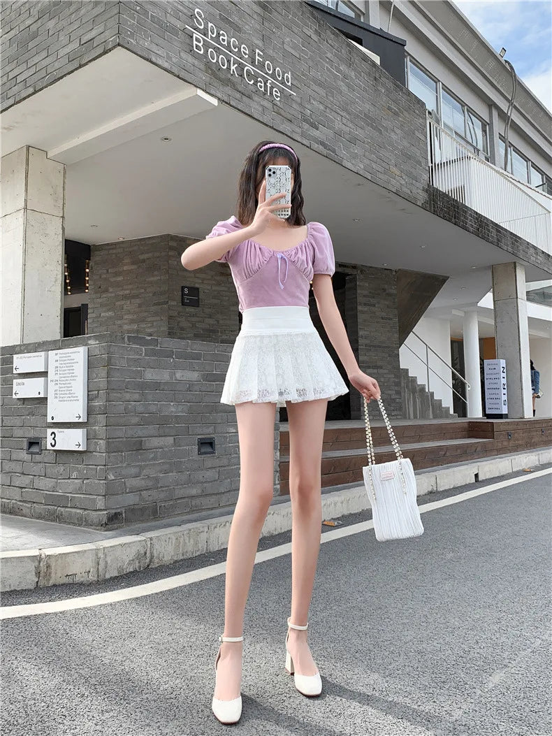 A Line Mini Skirt New Ultra-short Mini Pants Elastic Waist Joker Lace Pleated  Sexy  Fashion Black White Skirt