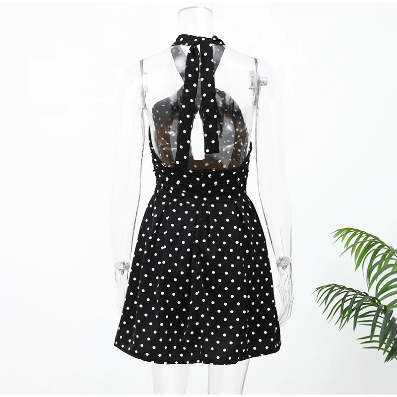 Polka Dot Halter Mini Dress Women Fashion Backless Sleeveless Off-shoulder Hollow Out Slim Short Vestidos 2026 Lady Party Gown
