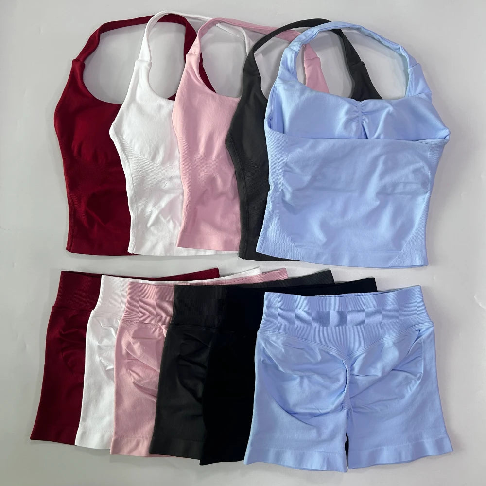 No Logo 2 Pieces Gym Set Women Backless Halter Tops High Waist Seamless Shorts Gym Suit Fitness Clothes Sportswear Workout Sets