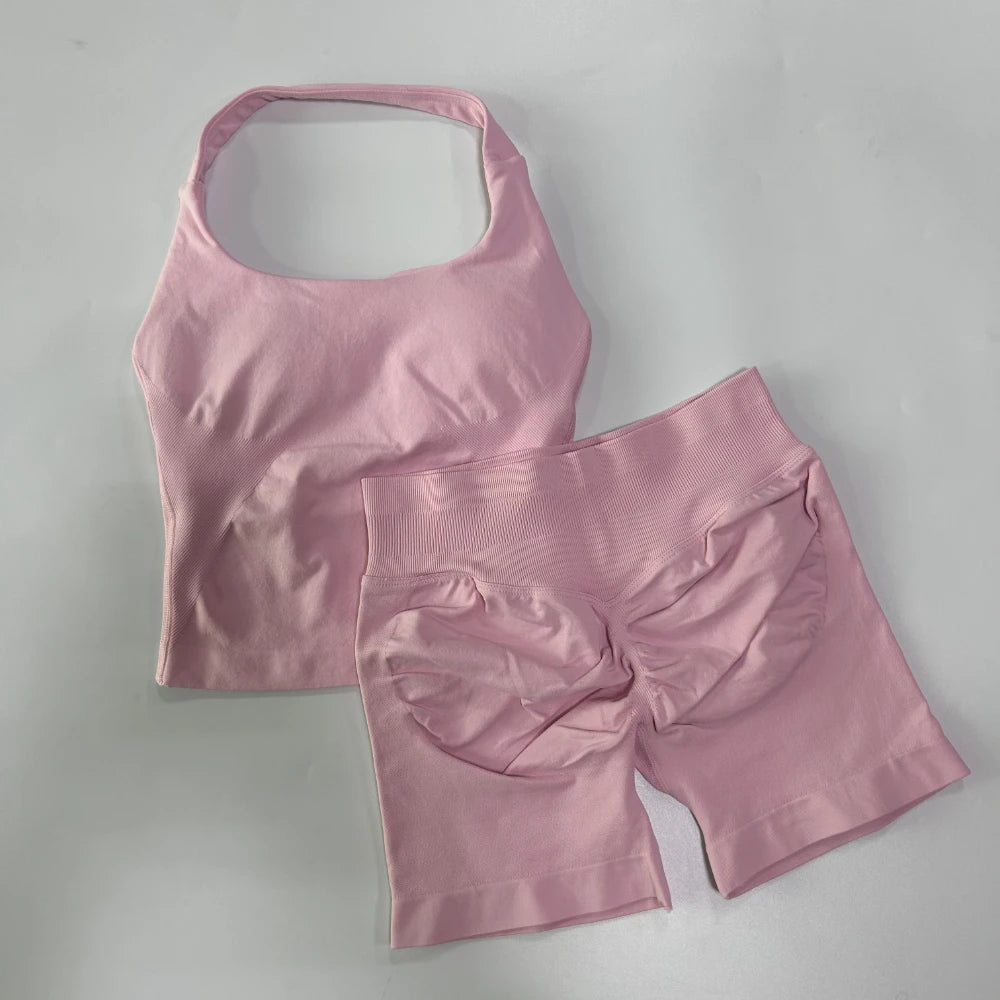 No Logo 2 Pieces Gym Set Women Backless Halter Tops High Waist Seamless Shorts Gym Suit Fitness Clothes Sportswear Workout Sets