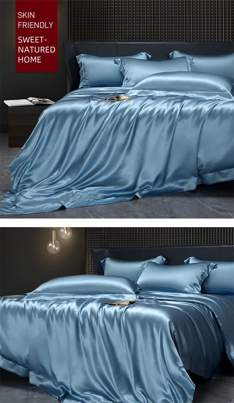 Solid 4pcs Silk Bedding Set with Duvet Cover Fitted/Flat Bed Sheet Pillowcase Bedspreads and Coverlets  Single Double Bedsheet