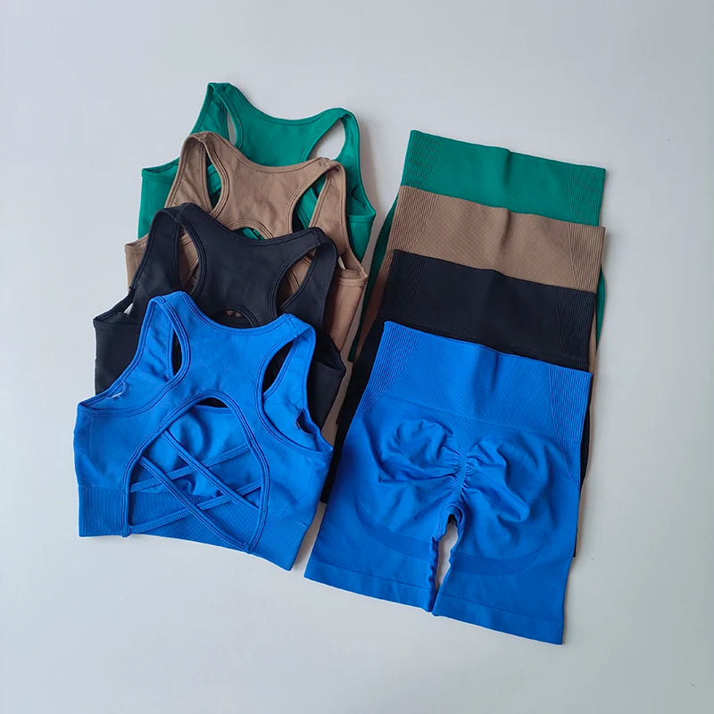 2 PCS Women's Seamless Yoga Set Sexy Sport Bra High Waist Sports Shorts Gym Fitness Sleeveless Workout Suit Sporstwear