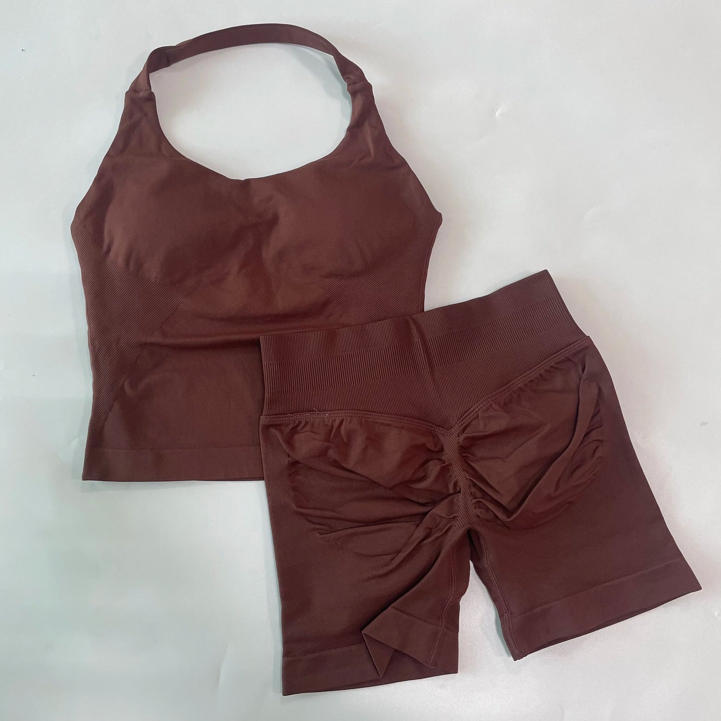 No Logo 2 Pieces Gym Set Women Backless Halter Tops High Waist Seamless Shorts Gym Suit Fitness Clothes Sportswear Workout Sets
