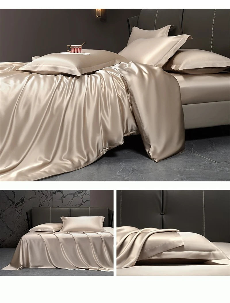 Solid 4pcs Silk Bedding Set with Duvet Cover Fitted/Flat Bed Sheet Pillowcase Bedspreads and Coverlets  Single Double Bedsheet