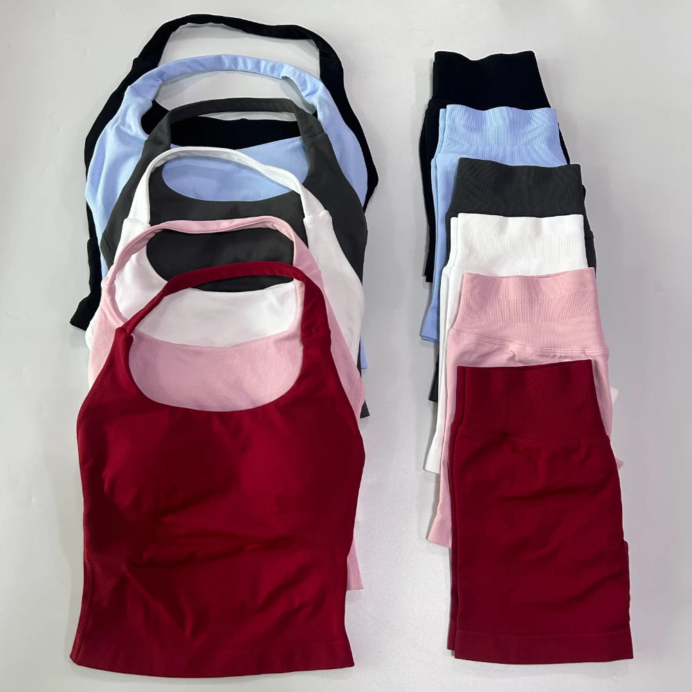 No Logo 2 Pieces Gym Set Women Backless Halter Tops High Waist Seamless Shorts Gym Suit Fitness Clothes Sportswear Workout Sets