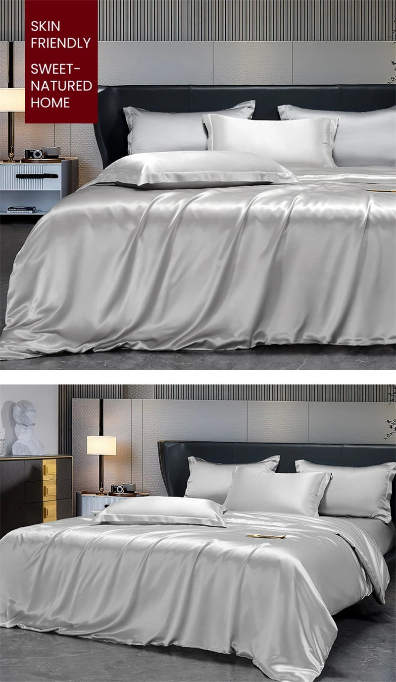 Solid 4pcs Silk Bedding Set with Duvet Cover Fitted/Flat Bed Sheet Pillowcase Bedspreads and Coverlets  Single Double Bedsheet