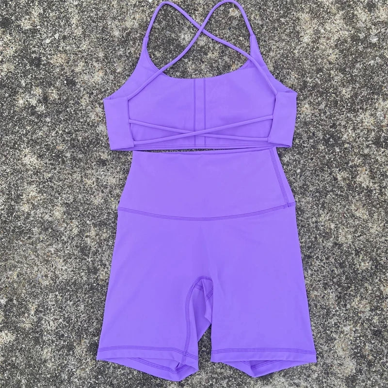 Solid Color Soft Gym Yoga Set Short Legging +Cross Back Sport Bra Tracksuit Women Gym Suit Comprehensive Training Jog Athletic
