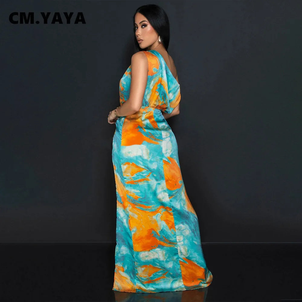 CM.YAYA Women Skew Collar Tie-dye Print Long Dress Summer Streetwear Beach Evening Sexy Night Party Split Maxi Dresses Vestidos