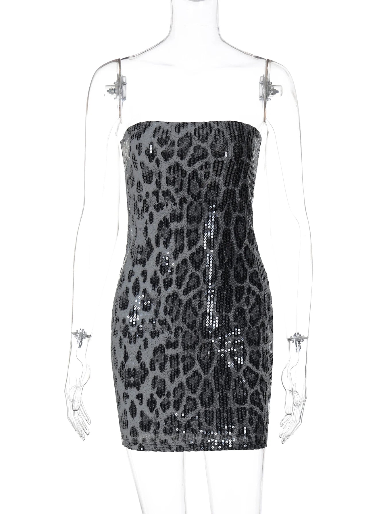 Hugcitar Leopard Print Sequined Strapless Backless Sexy Bodycon Mini Dress 2024 Autumn Women Fashion Y2K Clothes Party Nightclub