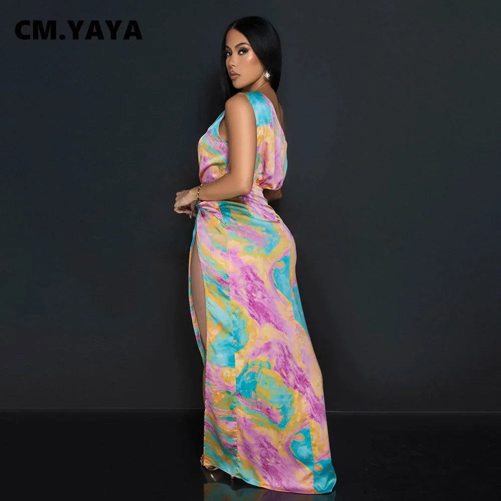 CM.YAYA Women Skew Collar Tie-dye Print Long Dress Summer Streetwear Beach Evening Sexy Night Party Split Maxi Dresses Vestidos