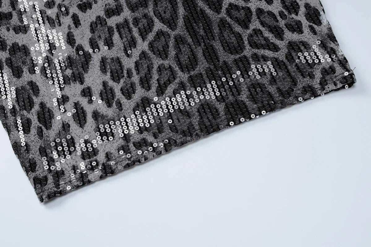 Hugcitar Leopard Print Sequined Strapless Backless Sexy Bodycon Mini Dress 2024 Autumn Women Fashion Y2K Clothes Party Nightclub
