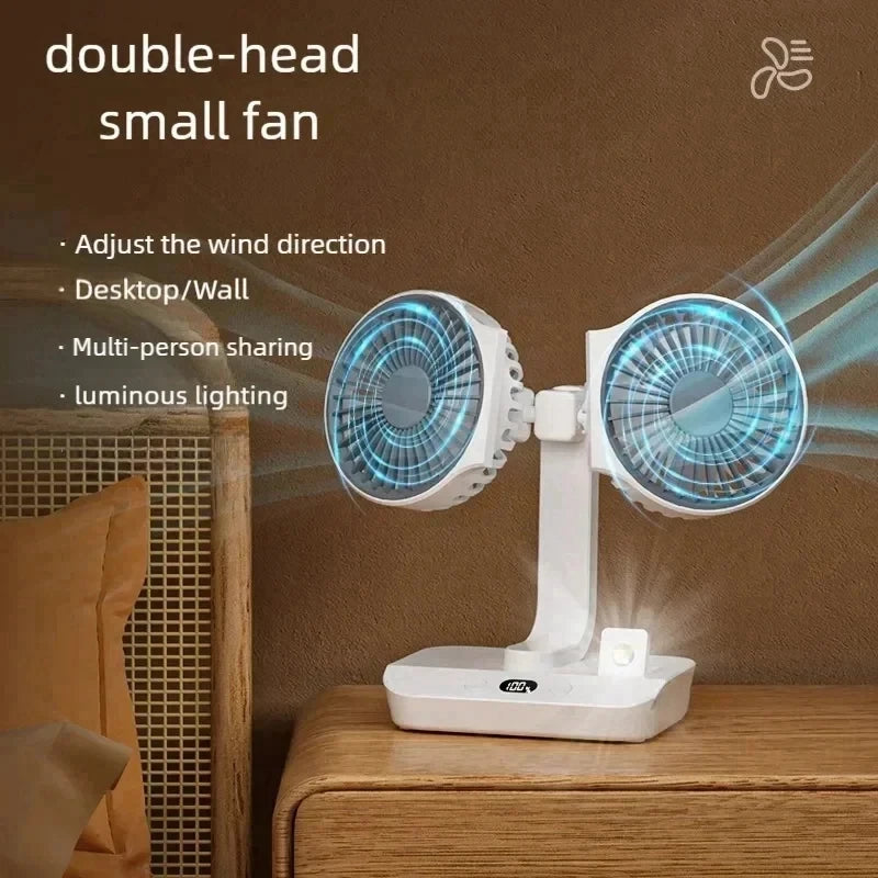 Double Head Desktop Fan: 4-Speed Fast Cooling, 8000mAh Battery Digital Display Adjustable Directions Shaking Function for Househ
