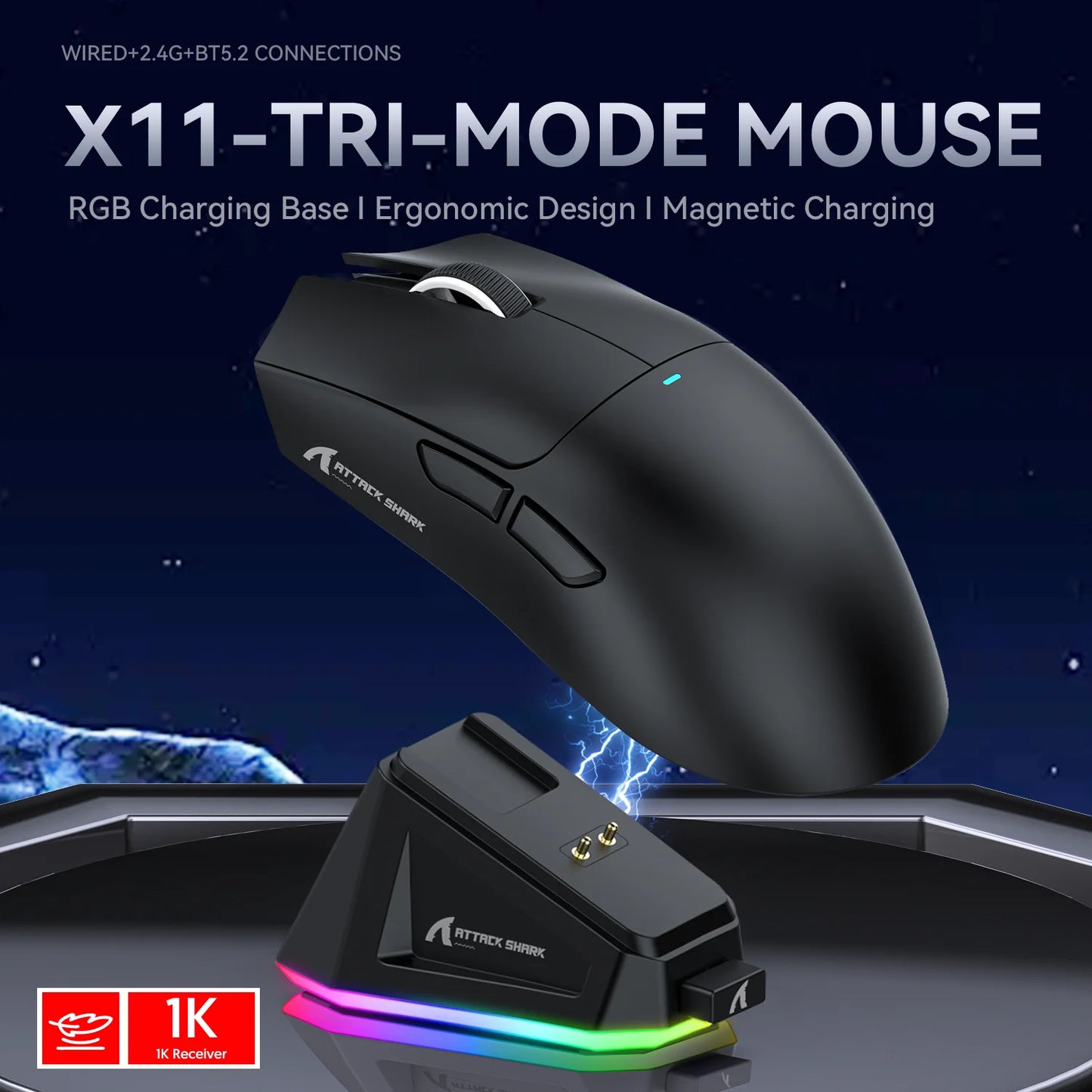 Attack Shark X11 Tri-mode Gaming Mouse with Magnetic Charging Dock, PixArt PAW3311 Sensor, 22K DPI, BT/2.4Ghz/Wired, for PC/MAC