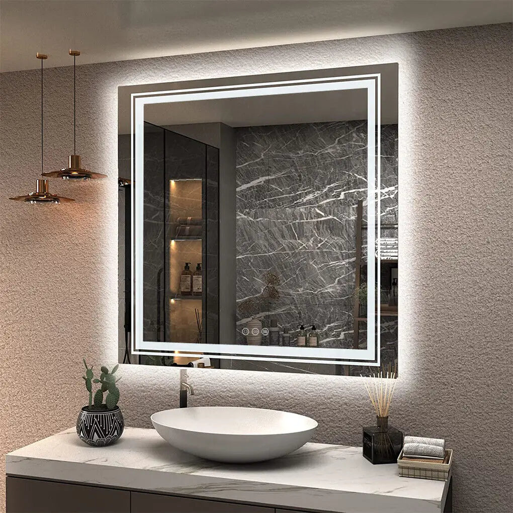 LUVODI Wall Bathroom Mirror with LED Lights Square Dimmable Defog Illuminated Mirrors Makeup