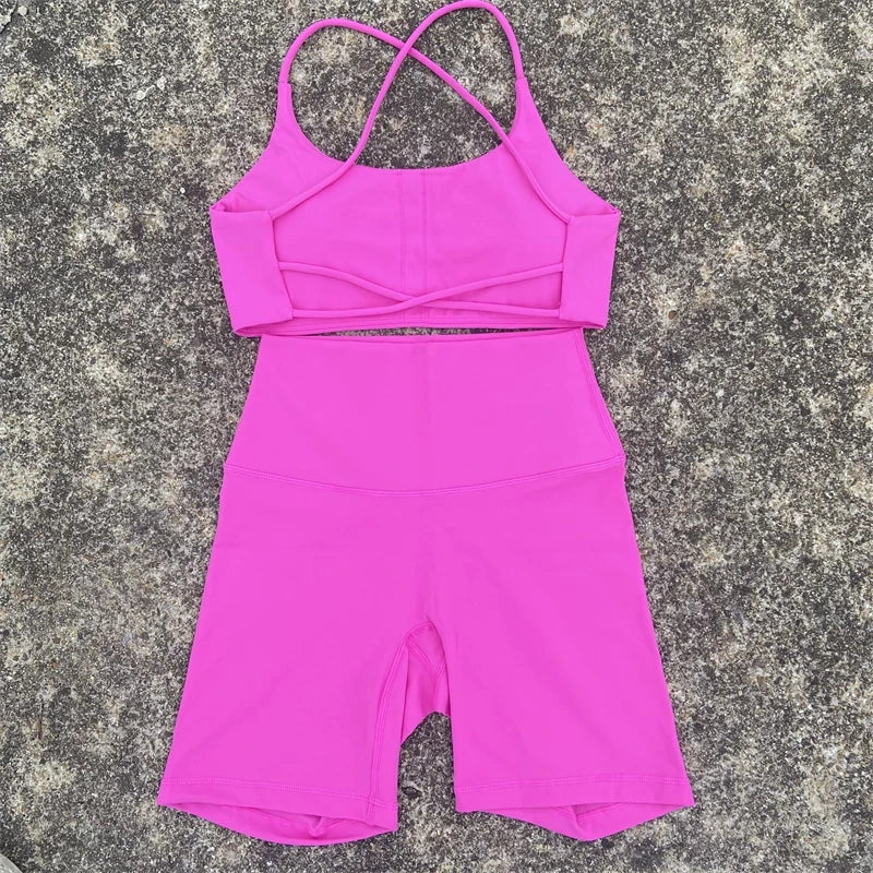 Solid Color Soft Gym Yoga Set Short Legging +Cross Back Sport Bra Tracksuit Women Gym Suit Comprehensive Training Jog Athletic