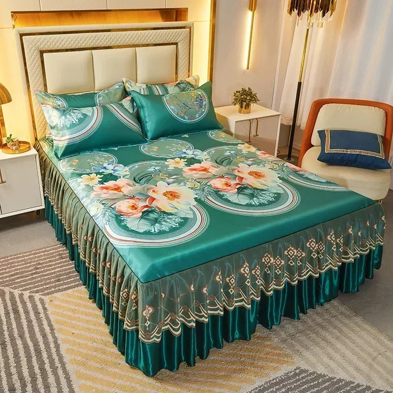 3Pcs Summer Bed Skirt Style Bedspread Lace European Style Three Piece Set Skirt Style Bed Cover Mattress Dust Protection Cover