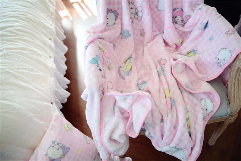 Cute Pink Cat Blanket Warm Flannel Blanket Pillowcase Japanese Style Pattern Printing Blanket Bedspread Bedroom Girl