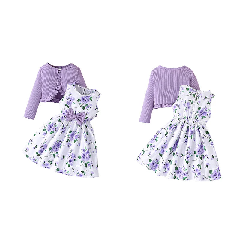 9M-8Y Sweety Girl Dress Set Floral Print Round Neck Bow A-Line Tank Dress Ruffled Ribbed Cardigan Children's Sets
