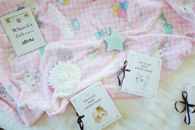 Cute Pink Cat Blanket Warm Flannel Blanket Pillowcase Japanese Style Pattern Printing Blanket Bedspread Bedroom Girl