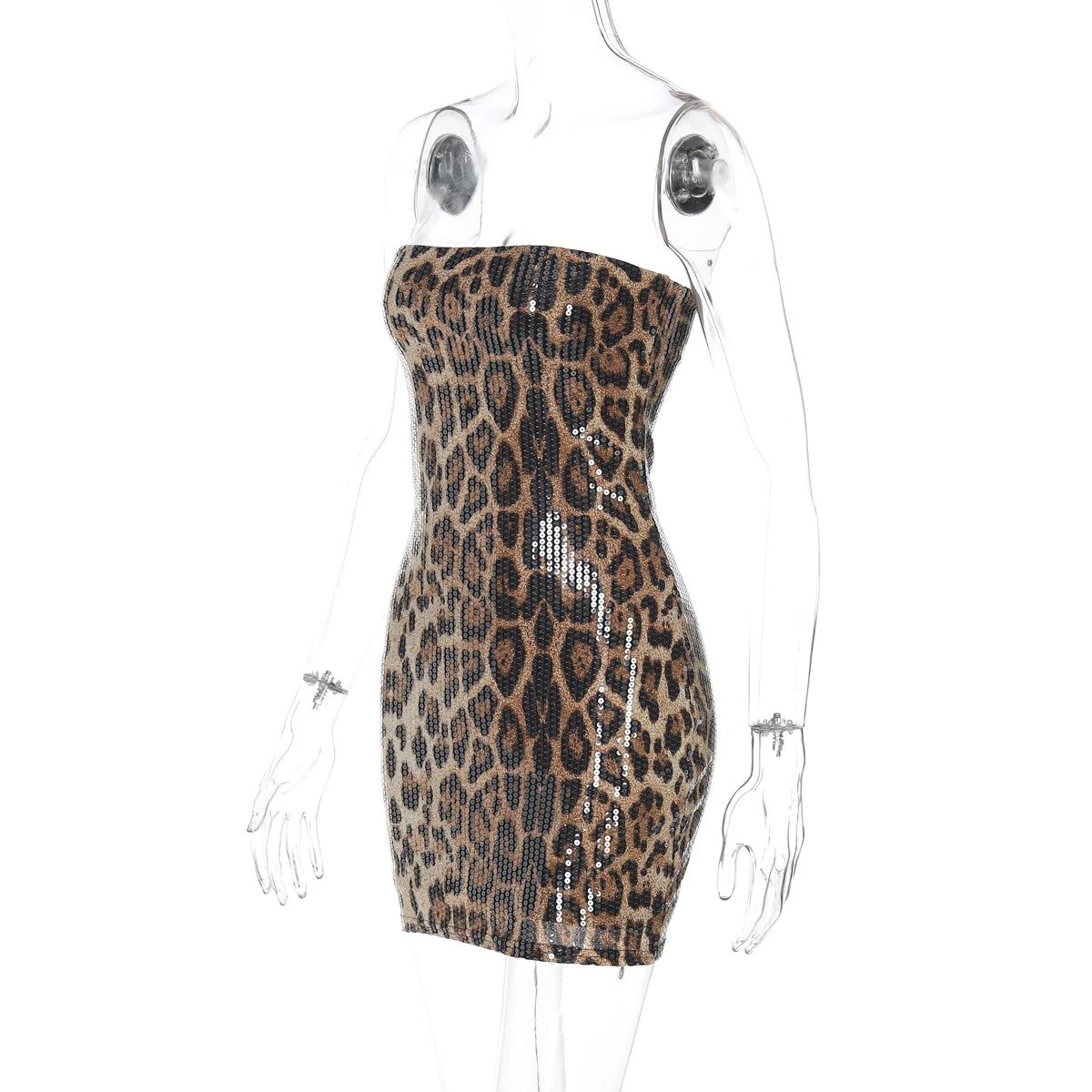 Hugcitar Leopard Print Sequined Strapless Backless Sexy Bodycon Mini Dress 2024 Autumn Women Fashion Y2K Clothes Party Nightclub