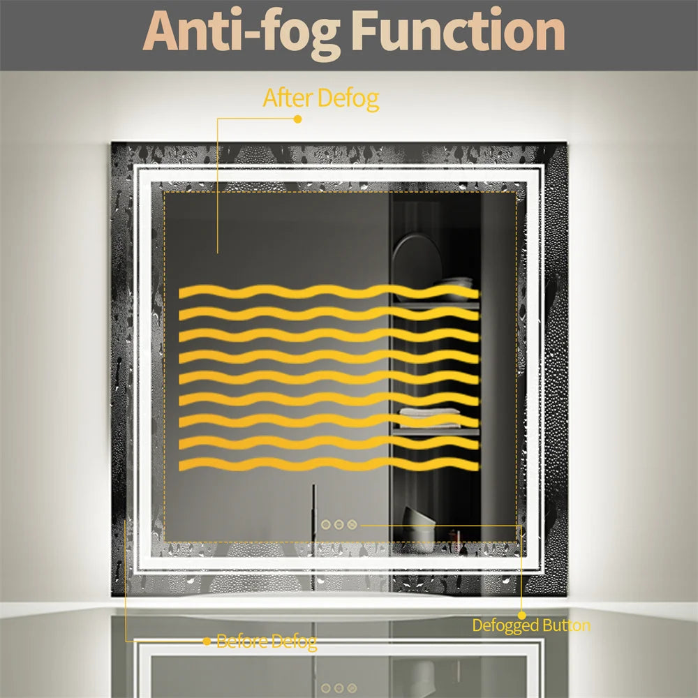 LUVODI Wall Bathroom Mirror with LED Lights Square Dimmable Defog Illuminated Mirrors Makeup