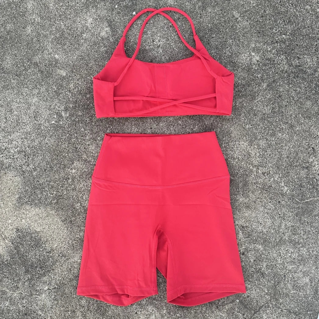 Solid Color Soft Gym Yoga Set Short Legging +Cross Back Sport Bra Tracksuit Women Gym Suit Comprehensive Training Jog Athletic