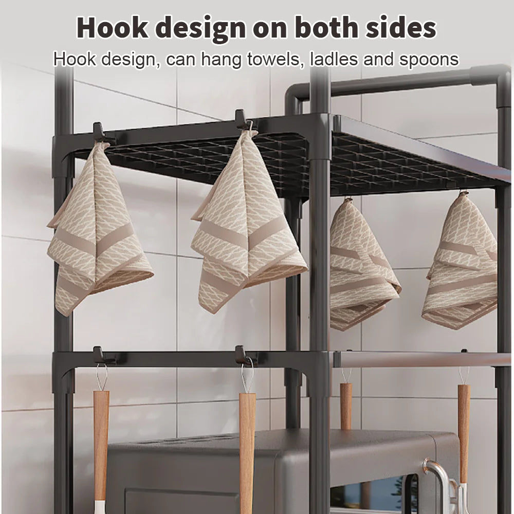 Sturdy Multi-Tier Kitchen Storage Rack with Handles, Durable Organizer with Side Hooks, Metal Frame Rack, Modern Kitchen Rack