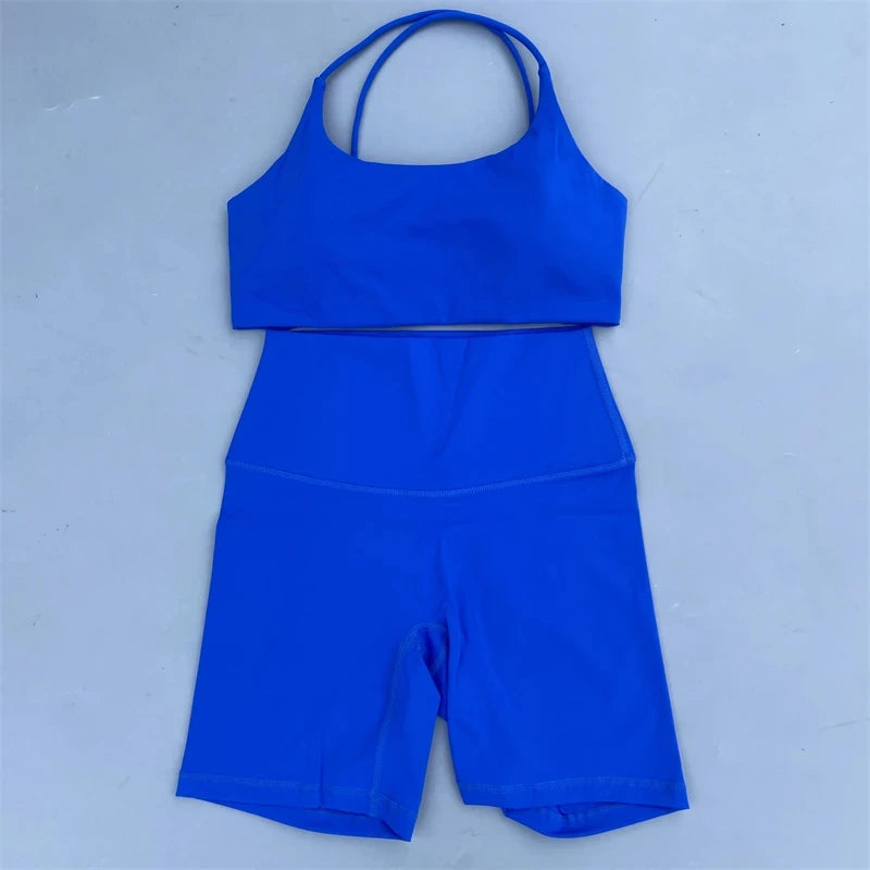 Solid Color Soft Gym Yoga Set Short Legging +Cross Back Sport Bra Tracksuit Women Gym Suit Comprehensive Training Jog Athletic