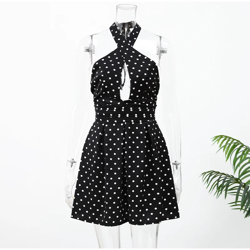 Polka Dot Halter Mini Dress Women Fashion Backless Sleeveless Off-shoulder Hollow Out Slim Short Vestidos 2026 Lady Party Gown