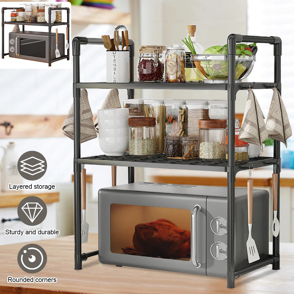 Sturdy Multi-Tier Kitchen Storage Rack with Handles, Durable Organizer with Side Hooks, Metal Frame Rack, Modern Kitchen Rack