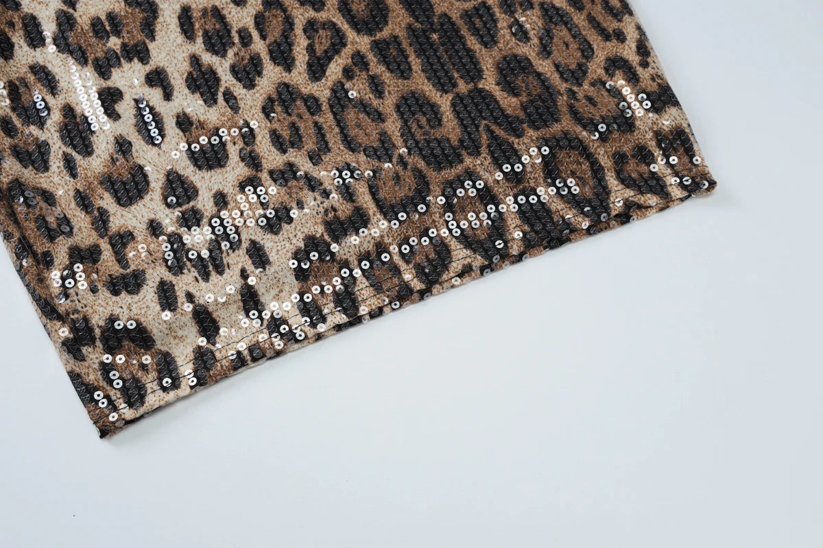 Hugcitar Leopard Print Sequined Strapless Backless Sexy Bodycon Mini Dress 2024 Autumn Women Fashion Y2K Clothes Party Nightclub