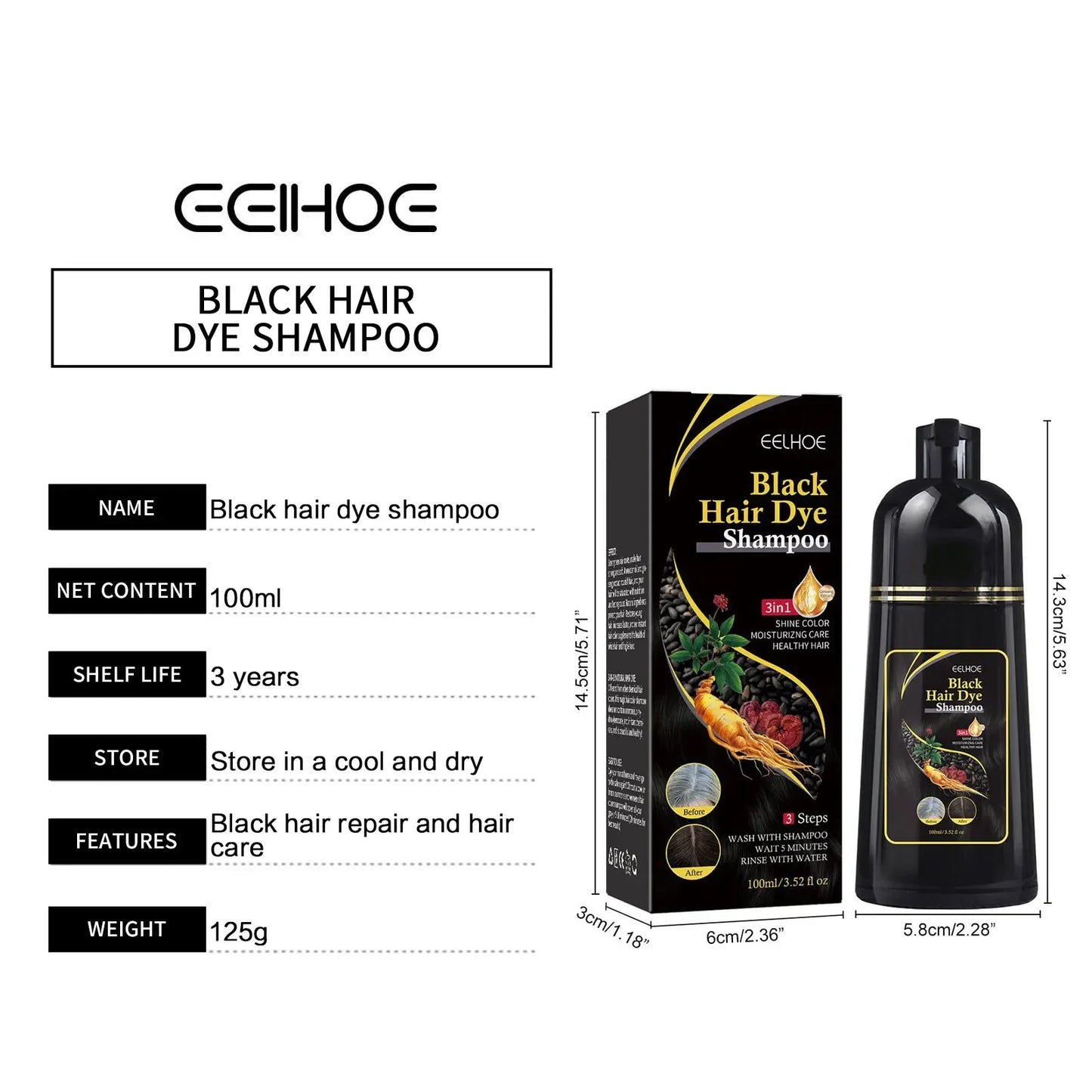 Hair Dye Shampoo Hair Color Darkening Care Nourishing Shiny Covering Gray Clean Scalp Natural Polygonum Black Hair Dye Shampoo