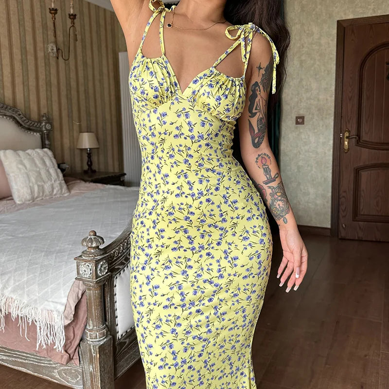 Hugcitar Women Elegant Floral Beach Vacation Bodycon Streetwear Long Dress 2026 Summer Clothes Wholesale Items For Business