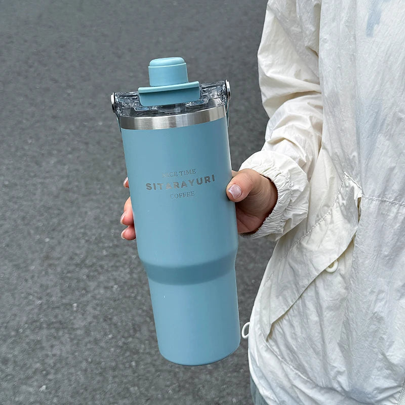 1pc Magnetic Suction Lid Double-layer Vacuum Insulated Water Bottle 600ml/900ml Wide Handle Portable  Outdoorulation Drinkware