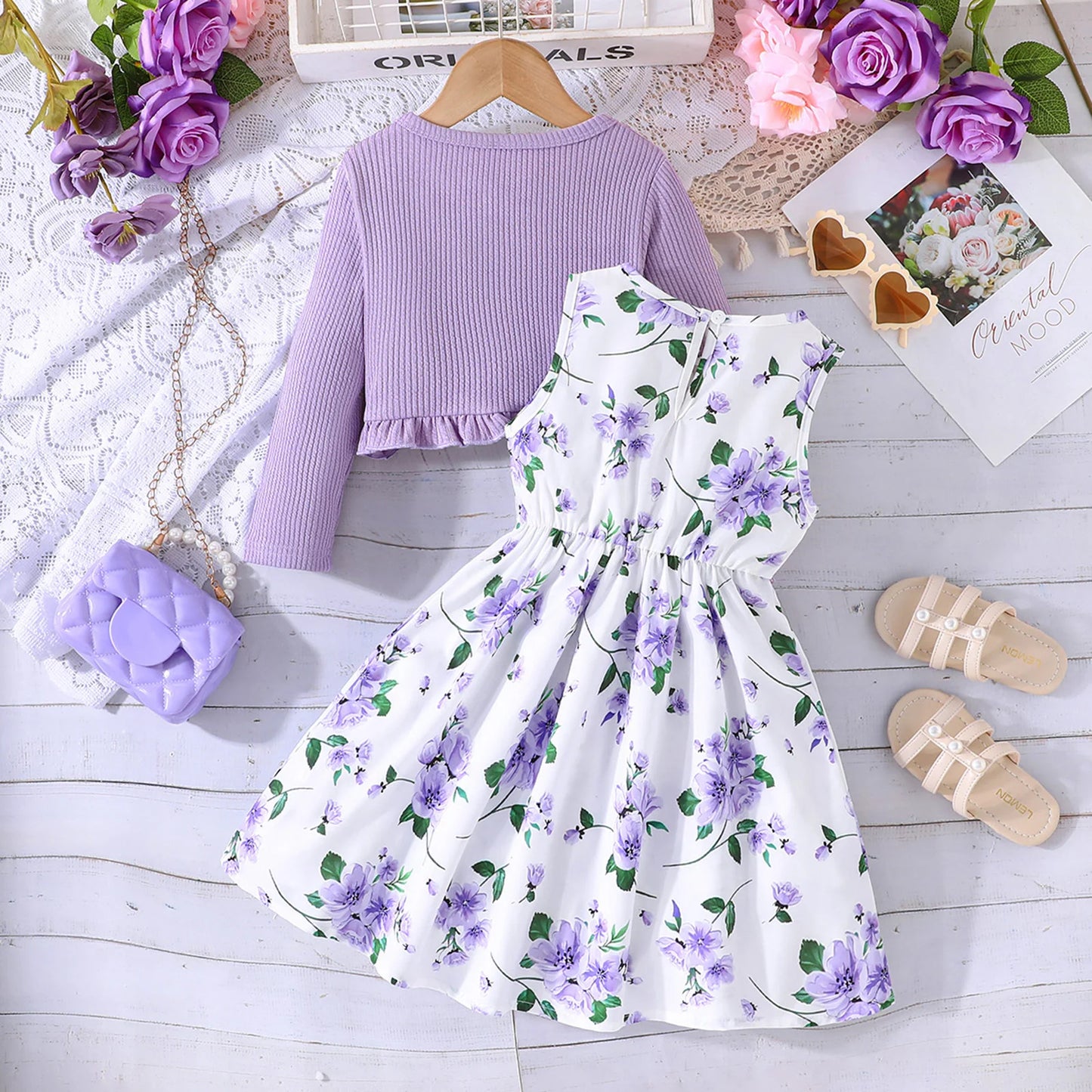 9M-8Y Sweety Girl Dress Set Floral Print Round Neck Bow A-Line Tank Dress Ruffled Ribbed Cardigan Children's Sets