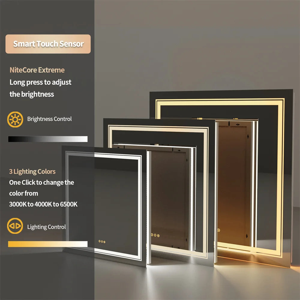 LUVODI Wall Bathroom Mirror with LED Lights Square Dimmable Defog Illuminated Mirrors Makeup