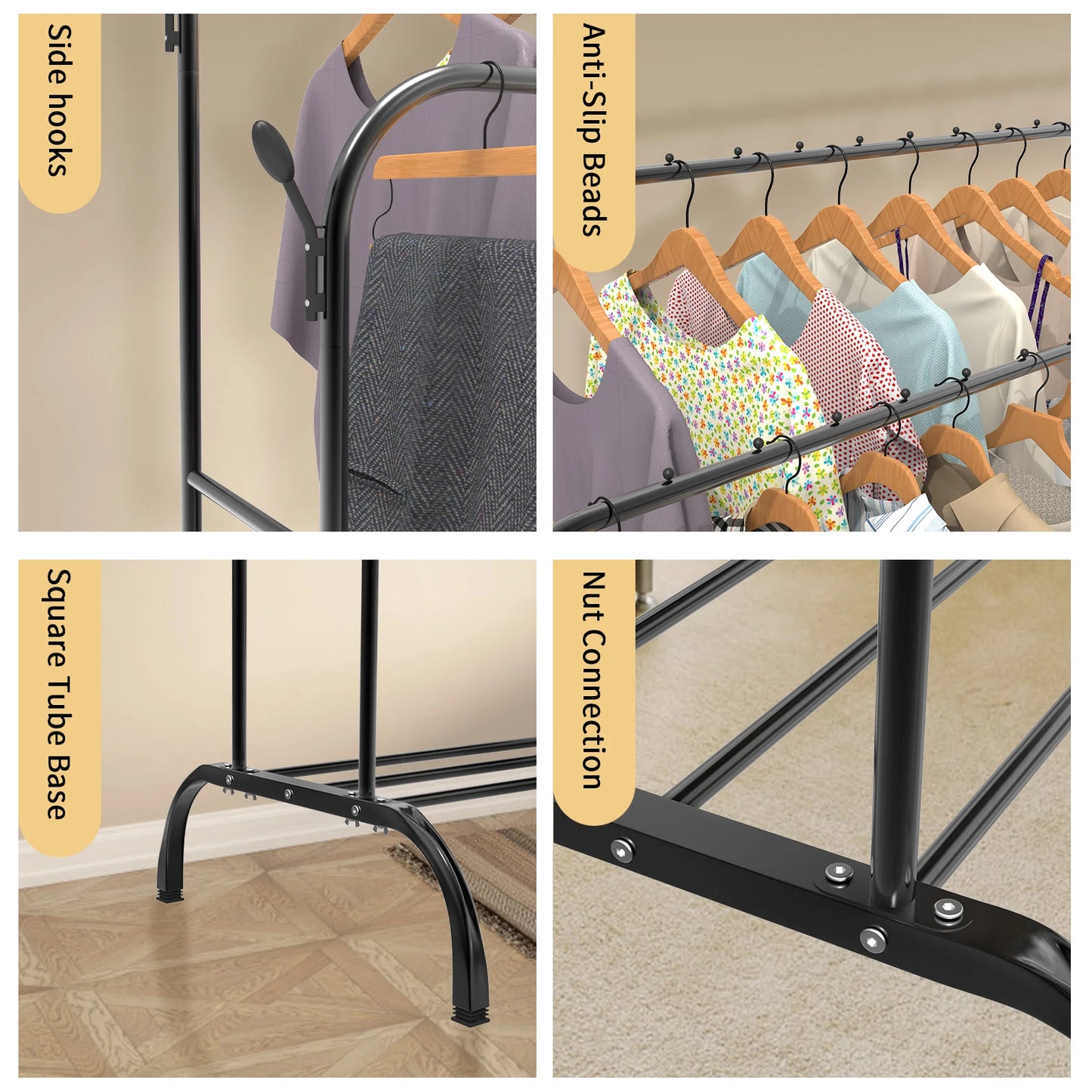 Double-track, double-rod storage rack, coat hanger, garment rack, display rack, shoe rack, clothes rail, adjustable height