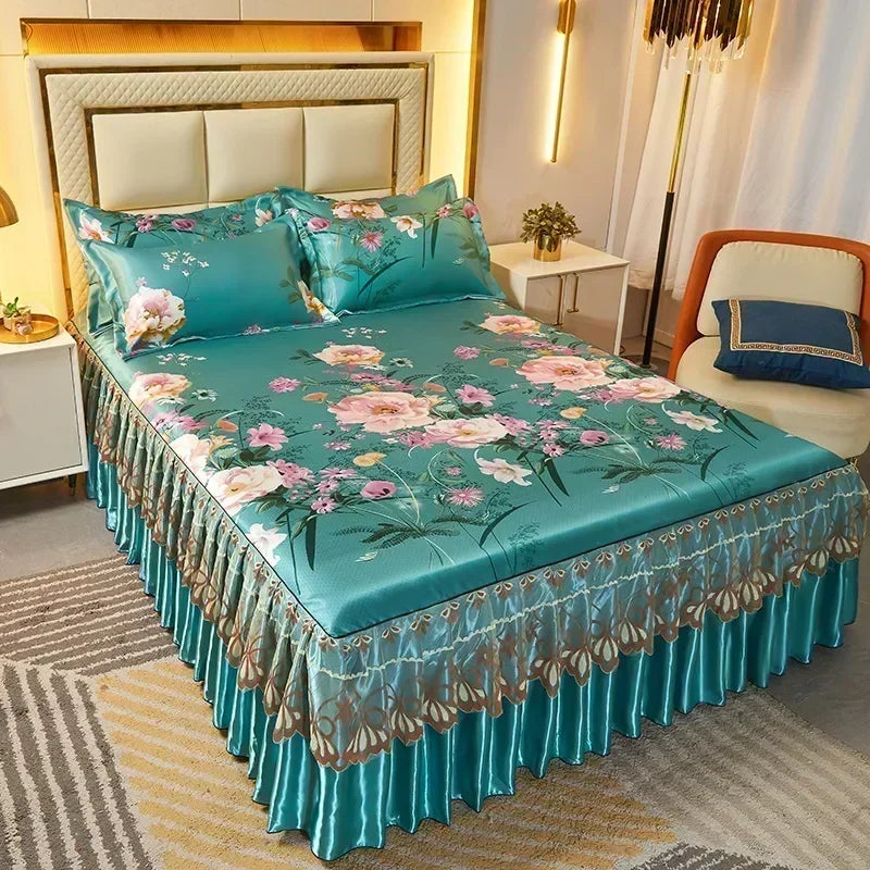 3Pcs Summer Bed Skirt Style Bedspread Lace European Style Three Piece Set Skirt Style Bed Cover Mattress Dust Protection Cover