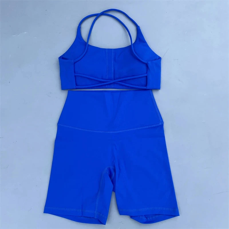 Solid Color Soft Gym Yoga Set Short Legging +Cross Back Sport Bra Tracksuit Women Gym Suit Comprehensive Training Jog Athletic