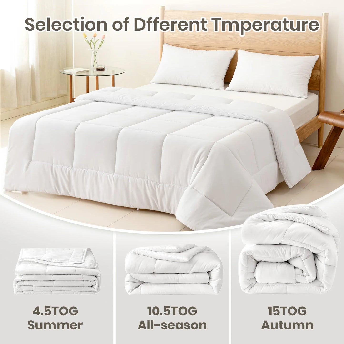 15 Tog All Season King Size Duvet - Warm Hypoallergenic Hollowfibre Bedding with Corner Ties & Machine Washable for Winter