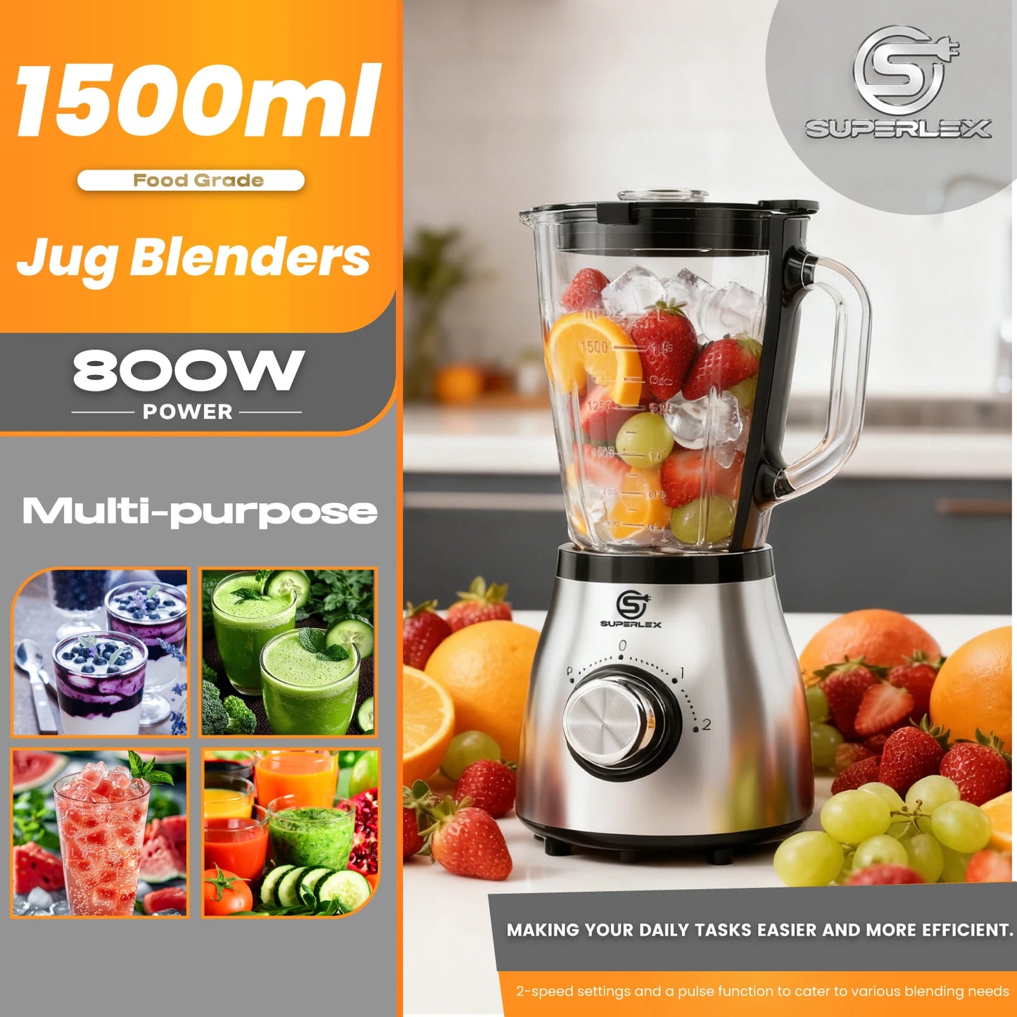 SUPERLEX 1.5L Multifunctional Wall Breaking Machine 2Speed Multi-purpose 3 in 1 Double Cup Squeezing Blender 800W BPA Free New