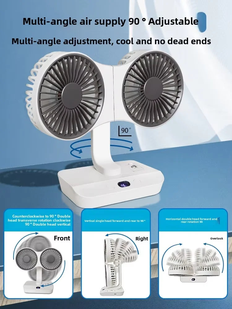 Double Head Desktop Fan: 4-Speed Fast Cooling, 8000mAh Battery Digital Display Adjustable Directions Shaking Function for Househ